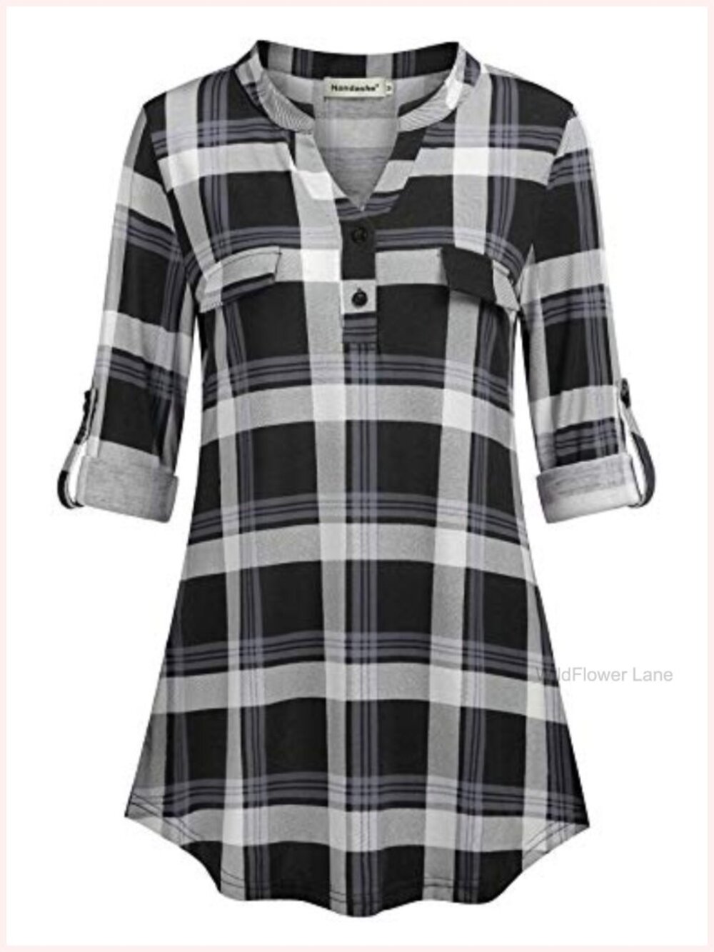 Womens 3/4 Roll Sleeve V Neck Button Down Tunic Blouse Loose Top